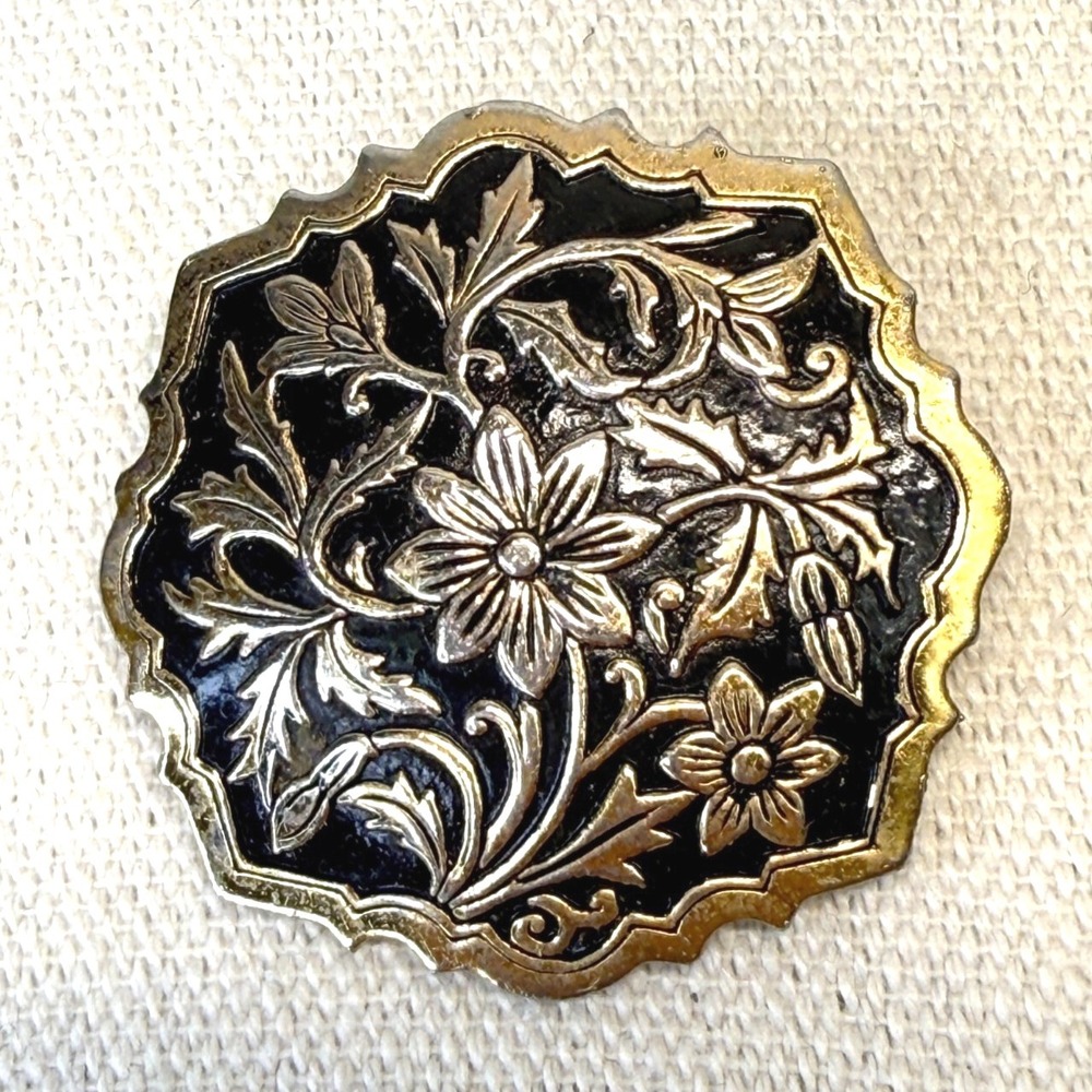 Floral Damascene Brooch Pin Gold-Tone Black Vintage Whimsigoth 1.5"